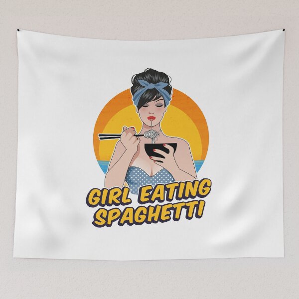 Item preview, Girl eating spaghetti against a sunset background retro designed and sold by DragonflyLP.