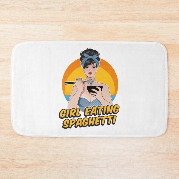 Item preview, Girl eating spaghetti against a sunset background retro designed and sold by DragonflyLP.
