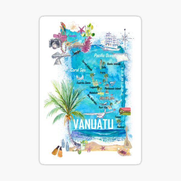 Item preview, Vanuatu Melanesia Pacific Islands Illustrated Travel Map with Highlights designed and sold by artshop77.