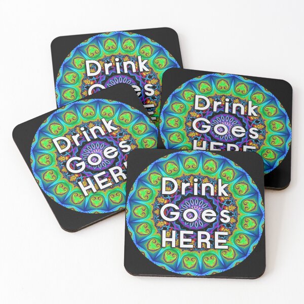 Item preview, Green and Blue Fractal Mandala Coaster - Drink Goes HERE message designed and sold by Warren Paul Harris.