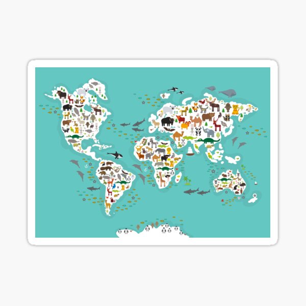 Cartoon animal world map for children and kids, Animals from all over the world, white continents and islands on blue background of ocean and sea. Sticker