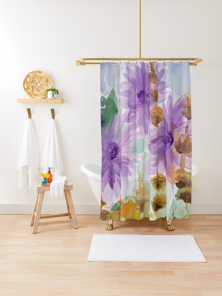 Thumbnail 1 of 5, Shower Curtain, Noldes garden - Purple Dahlia  designed and sold by BirgitteB.
