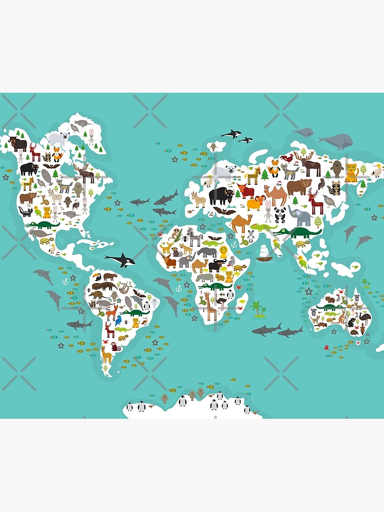 Cartoon animal world map for children and kids, Animals from all over the world, white continents and islands on blue background of ocean and sea. by EkaterinaP