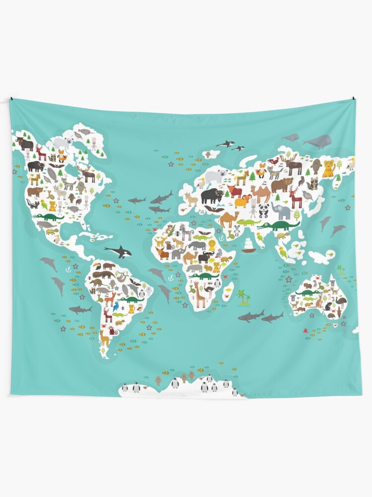 Tentures Carte Du Monde Des Animaux De Dessin Anime Pour Les Enfants Et Les Enfants Les Animaux De Partout Dans Le Monde Les Continents Blancs Et Les Iles Sur Fond Bleu