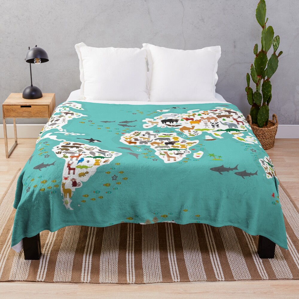 Cartoon animal world map for children and kids, Animals from all over the world, white continents and islands on blue background of ocean and sea. Throw Blanket