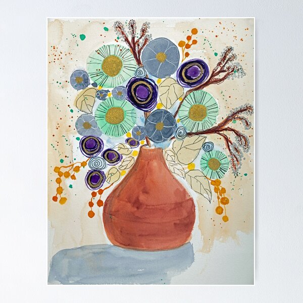 Brown vase with fantasy flowers Poster