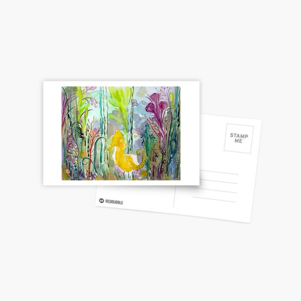 yellow seahorse in colourful sea Postcard