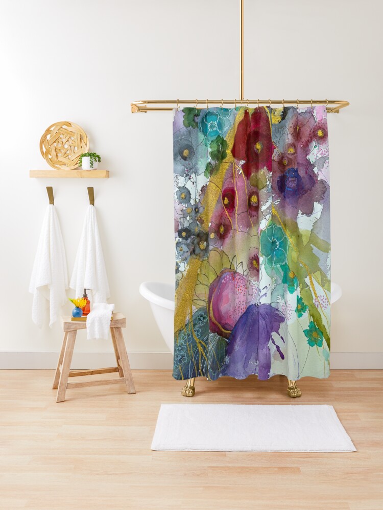 Thumbnail 1 of 5, Shower Curtain, Abstract with deep red flower  designed and sold by BirgitteB.