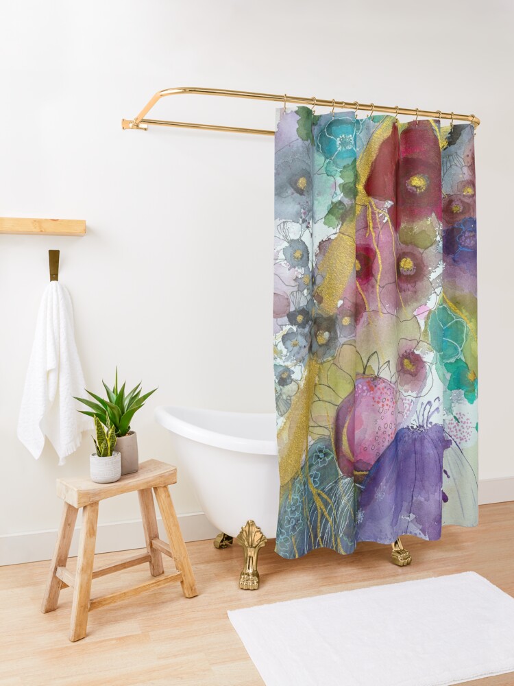 Thumbnail 3 of 5, Shower Curtain, Abstract with deep red flower  designed and sold by BirgitteB.