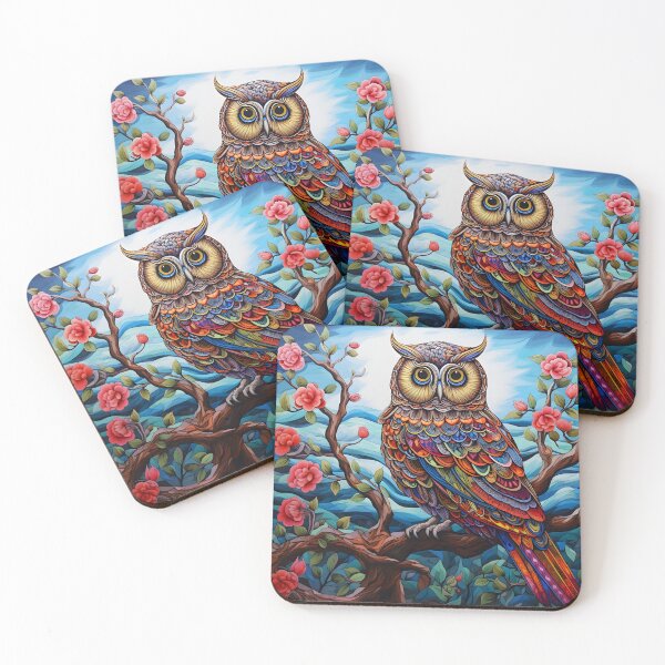 Item preview, colorful floral vivid perched owl, designed and sold by dcrc.