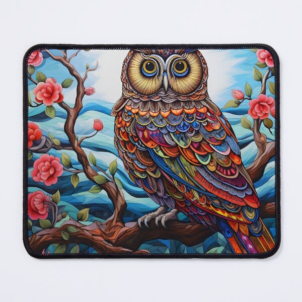 Item preview, colorful floral vivid perched owl, designed and sold by dcrc.