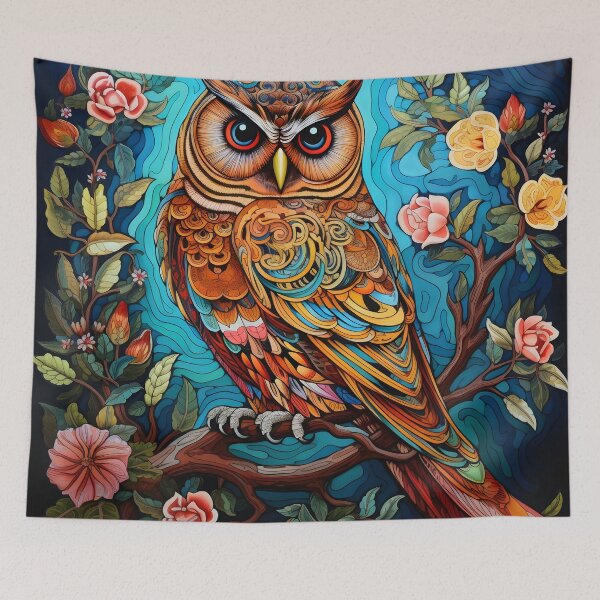 Item preview, colorful floral vivid perched owl, designed and sold by dcrc.