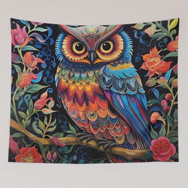 Item preview, colorful floral vivid perched owl designed and sold by dcrc.