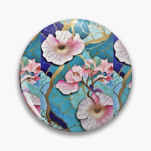 Item preview, hope of spring, large pink flowers inspired by Japan, blue and gold marbled mosaic background designed and sold by Creativesphotos.