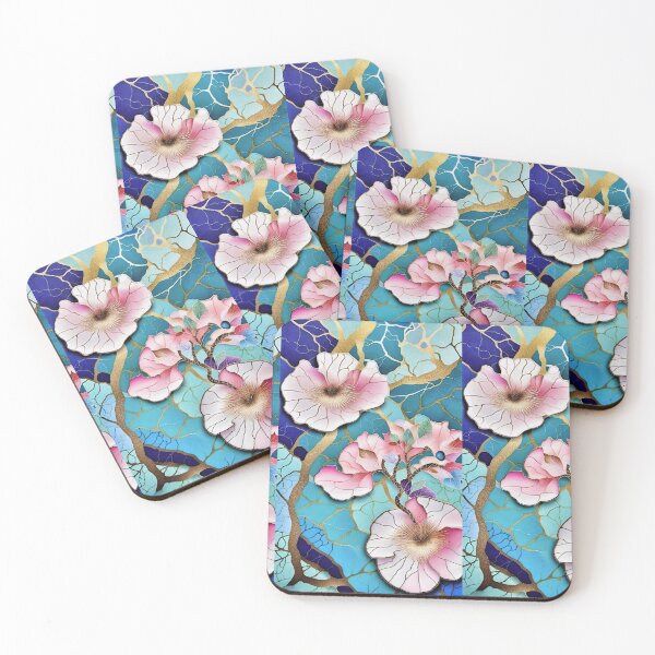 Item preview, hope of spring, large pink flowers inspired by Japan, blue and gold marbled mosaic background designed and sold by Creativesphotos.
