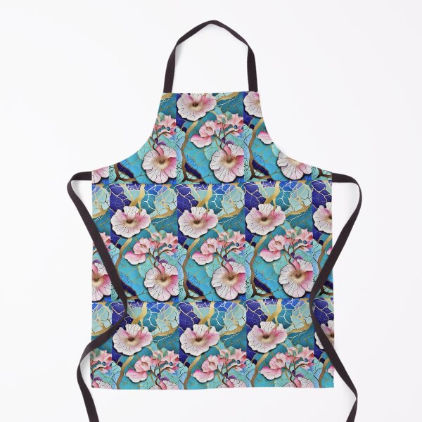 Item preview, hope of spring, large pink flowers inspired by Japan, blue and gold marbled mosaic background designed and sold by Creativesphotos.