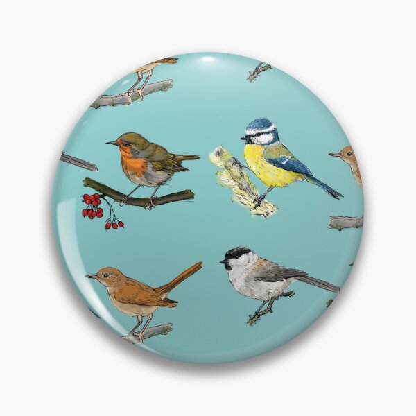 Item preview, four European songbirds misty blue background designed and sold by yaoyao-friends.