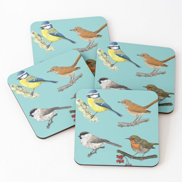 Item preview, four European songbirds misty blue background designed and sold by yaoyao-friends.