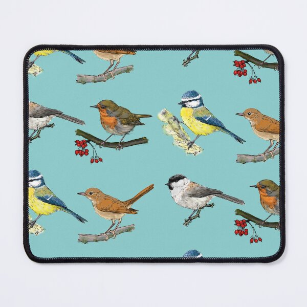 Item preview, four European songbirds misty blue background designed and sold by yaoyao-friends.