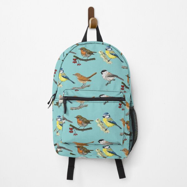 Item preview, four European songbirds misty blue background designed and sold by yaoyao-friends.