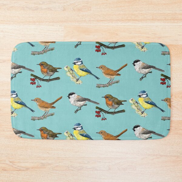 Item preview, four European songbirds misty blue background designed and sold by yaoyao-friends.