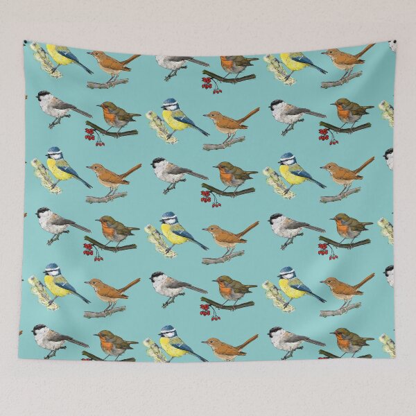 Item preview, four European songbirds misty blue background designed and sold by yaoyao-friends.
