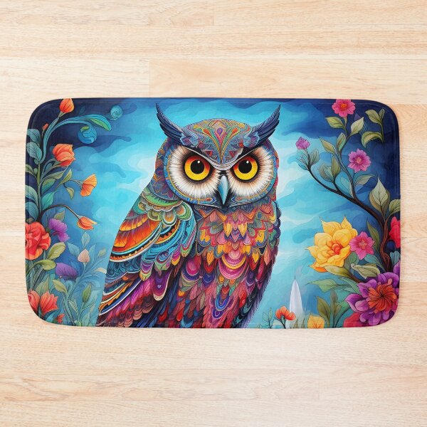 Item preview, colorful floral vivid perched owl, designed and sold by dcrc.