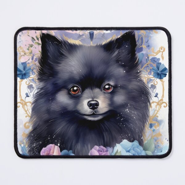 Item preview, cute black Pomeranian in blue flowers designed and sold by WallyPink.