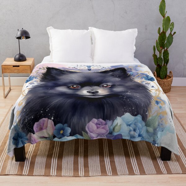 Item preview, cute black Pomeranian in blue flowers designed and sold by WallyPink.