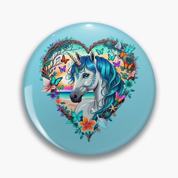 Item preview, Unicorn with Blue Hair at the Beach with Butterflies and Flowers in a Heart Shape designed and sold by Beachy.