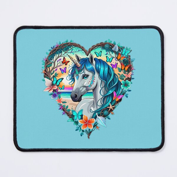 Item preview, Unicorn with Blue Hair at the Beach with Butterflies and Flowers in a Heart Shape designed and sold by Beachy.
