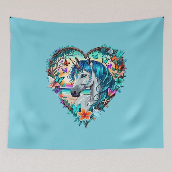 Item preview, Unicorn with Blue Hair at the Beach with Butterflies and Flowers in a Heart Shape designed and sold by Beachy.