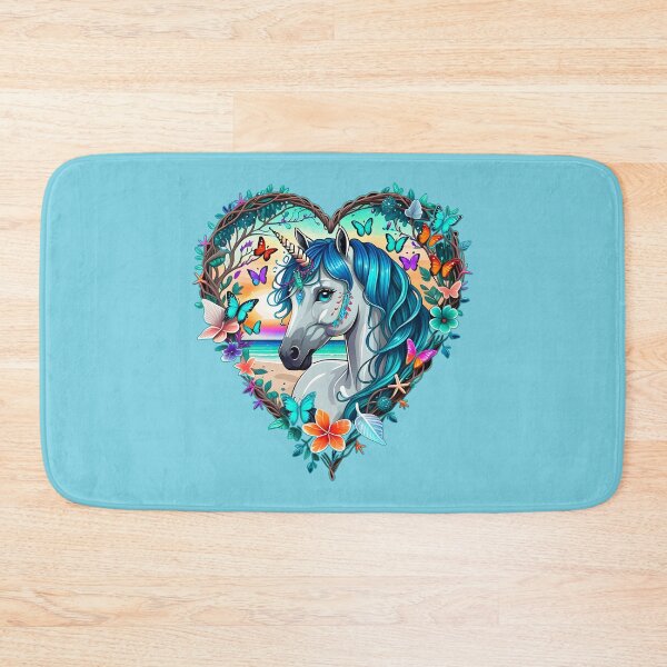 Item preview, Unicorn with Blue Hair at the Beach with Butterflies and Flowers in a Heart Shape designed and sold by Beachy.