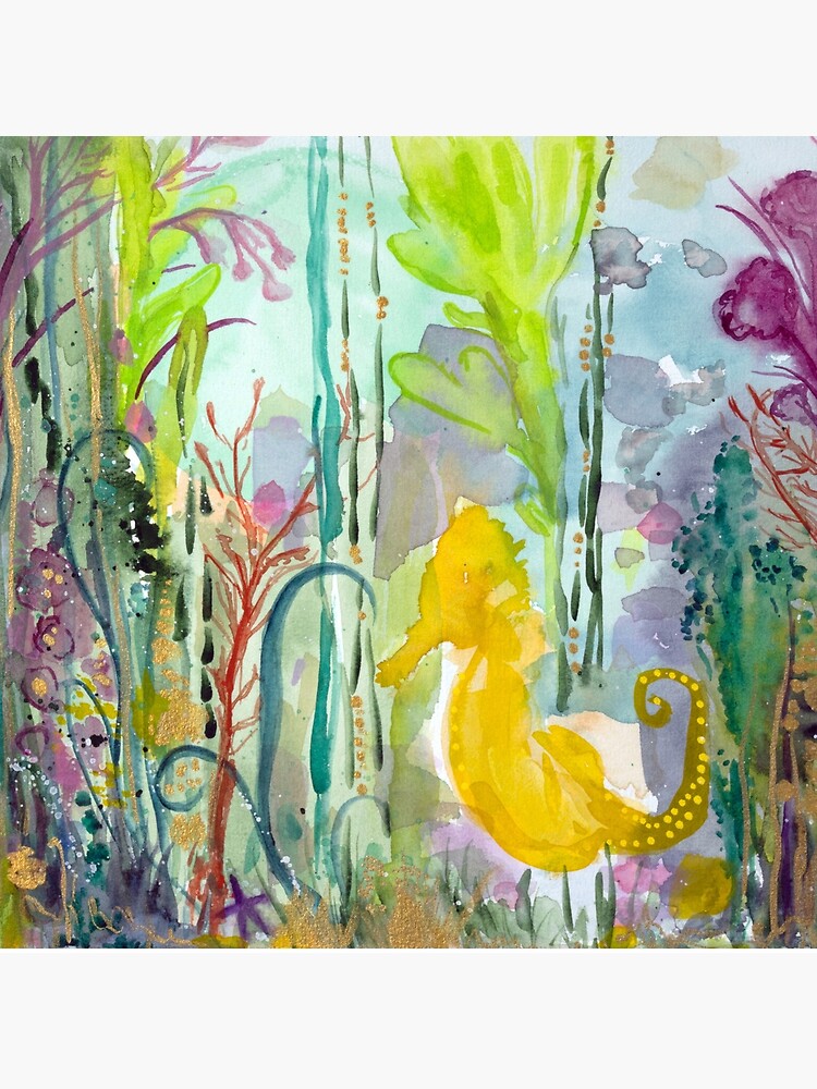 Thumbnail 4 of 4, Pillow, yellow seahorse in colourful sea designed and sold by BirgitteB.