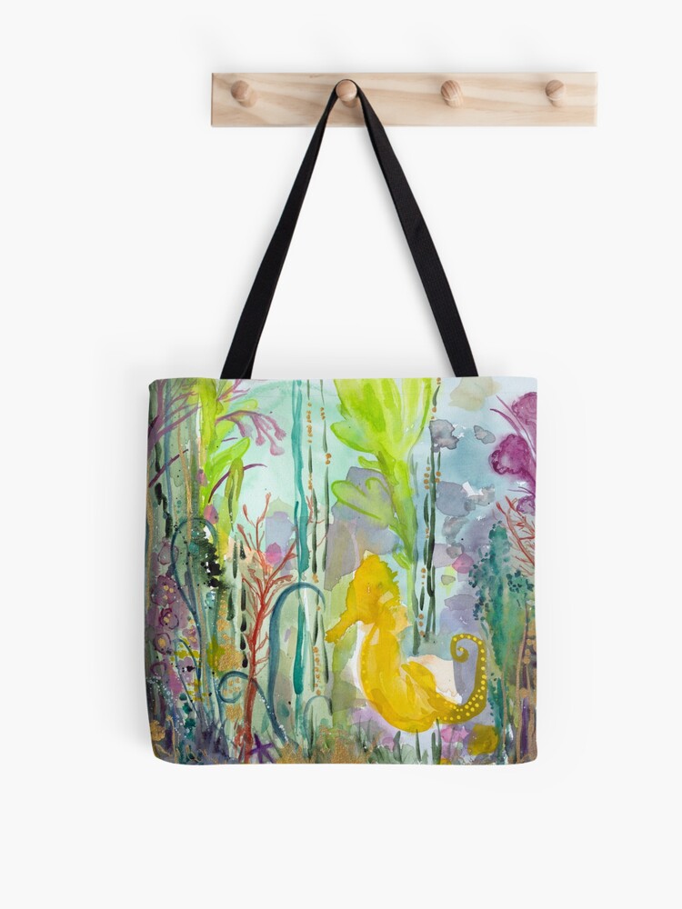 Thumbnail 1 of 2, Tote Bag, yellow seahorse in colourful sea designed and sold by BirgitteB.