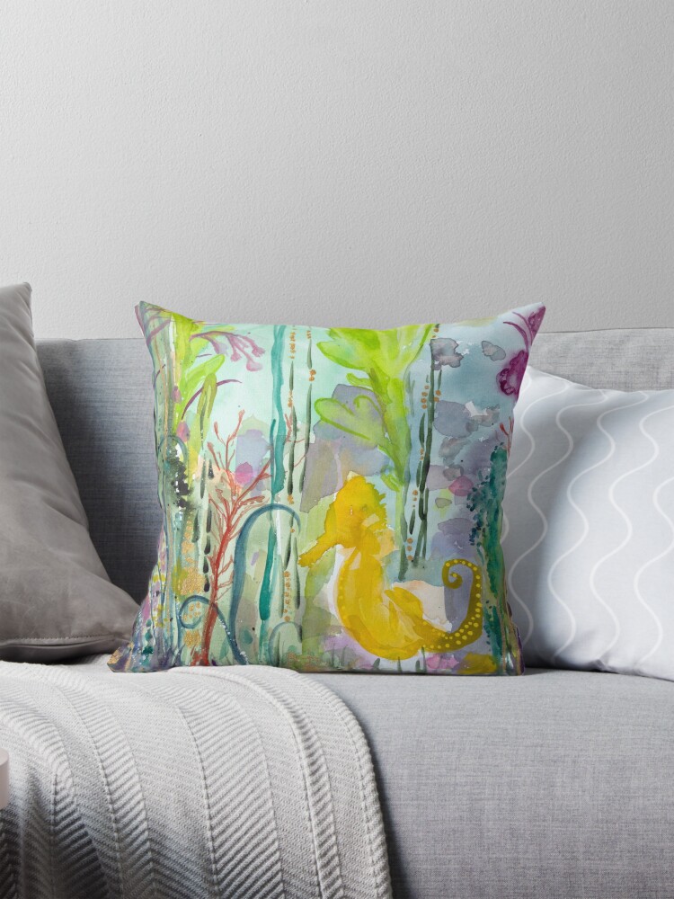Thumbnail 1 of 4, Pillow, yellow seahorse in colourful sea designed and sold by BirgitteB.
