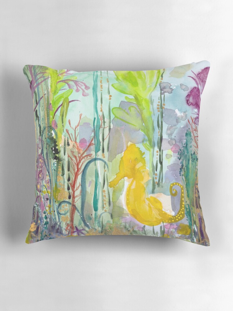 Thumbnail 3 of 4, Pillow, yellow seahorse in colourful sea designed and sold by BirgitteB.