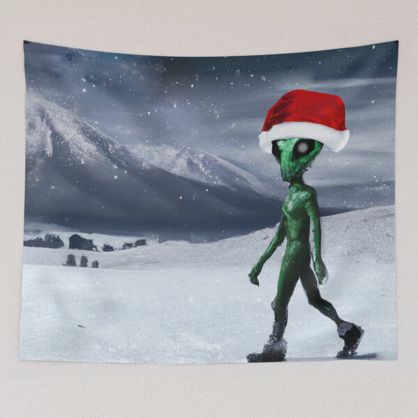 Aperçu de l'œuvre Alien marchant dans une vallée enneigée à Noël créée et vendue par mindgoop.