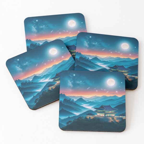 Item preview, Korean mountains and temples at sunset. designed and sold by growing-mom.