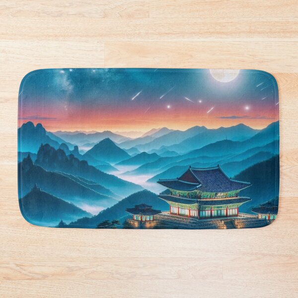 Item preview, Korean mountains and temples at sunset. designed and sold by growing-mom.