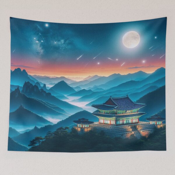 Item preview, Korean mountains and temples at sunset. designed and sold by growing-mom.