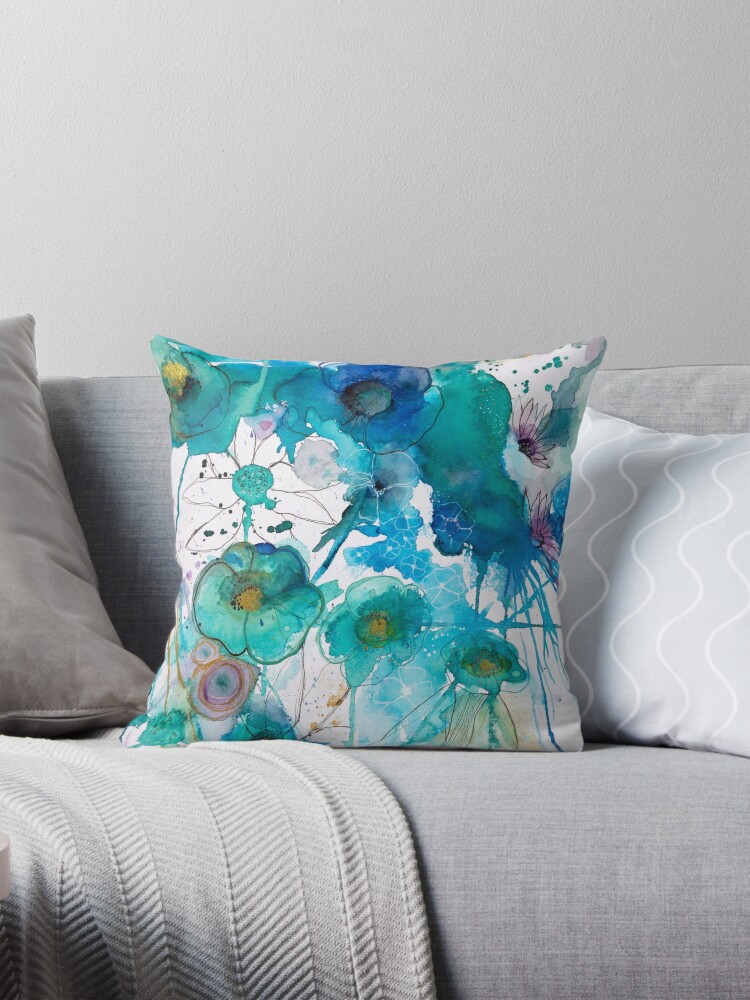 Thumbnail 1 of 4, Pillow, Abstract watercolour in blue designed and sold by BirgitteB.