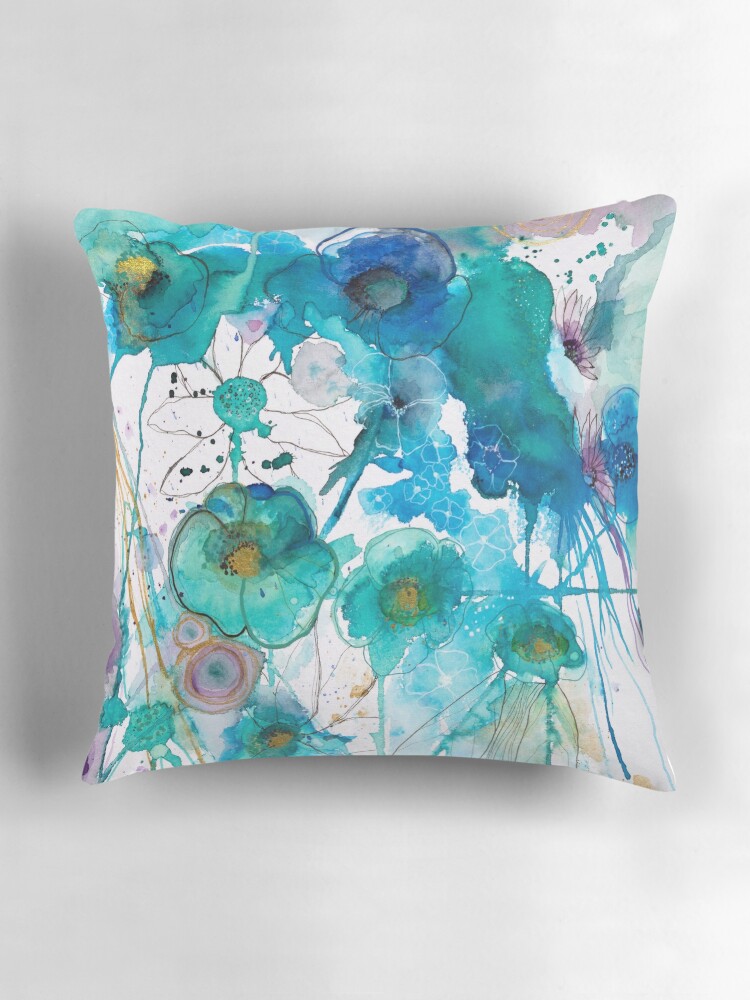 Thumbnail 3 of 4, Pillow, Abstract watercolour in blue designed and sold by BirgitteB.
