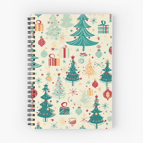 Aperçu de l'œuvre Modèle sans couture avec des arbres de Noël, des cadeaux et des ornements sur fond blanc créée et vendue par overheadclick.