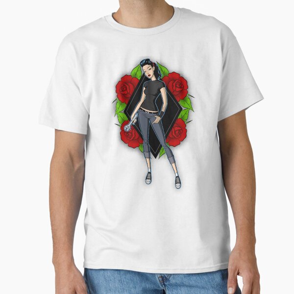 Beautiful Classy Pin Up Girl Cartoon Drawing of Vintage Rockabilly Garage Mechanic holding Wrench in Retro Pop Art style with Red Tattoo Roses Classic T-Shirt