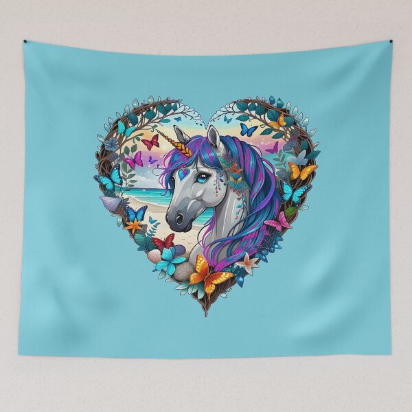 Item preview, Unicorn with Blue and Purple Hair at the Beach in a Heart Shape designed and sold by Beachy.