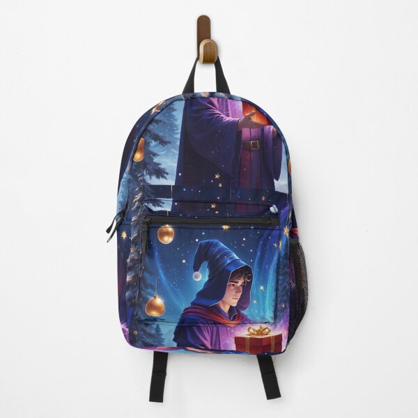 Item preview, A young wizard holding chirstmas gift in his hand behind is christmas night scene designed and sold by WhiteDoveArt.