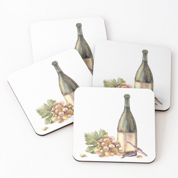 Item preview, A bottle white wine with corkscrew and bunch of grapes berries. Watercolour painting illustration designed and sold by BartolArt.