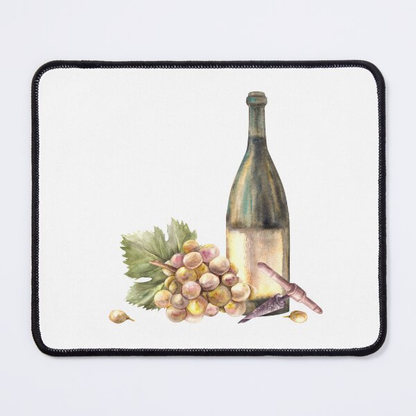 Item preview, A bottle white wine with corkscrew and bunch of grapes berries. Watercolour painting illustration designed and sold by BartolArt.