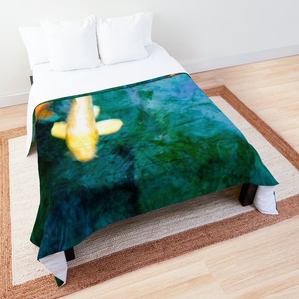 Turquoise Waters Yellow and Orange Koi Fish Zen Nature Photograph Comforter